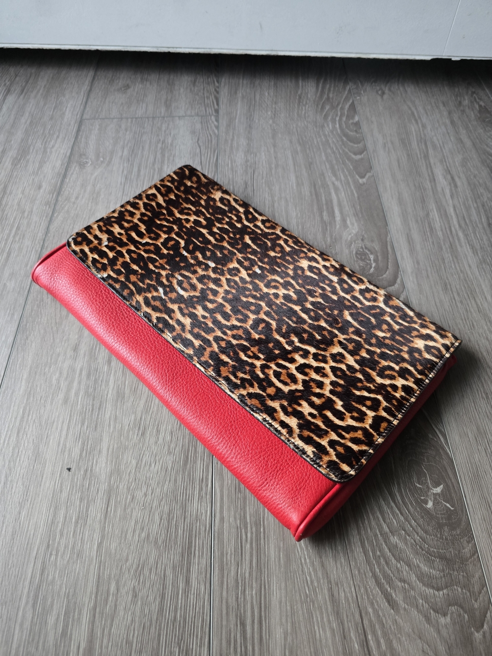 Mark & Graham Leopard Calf Hair Red Leather Foldover Clutch Gold Zipper
